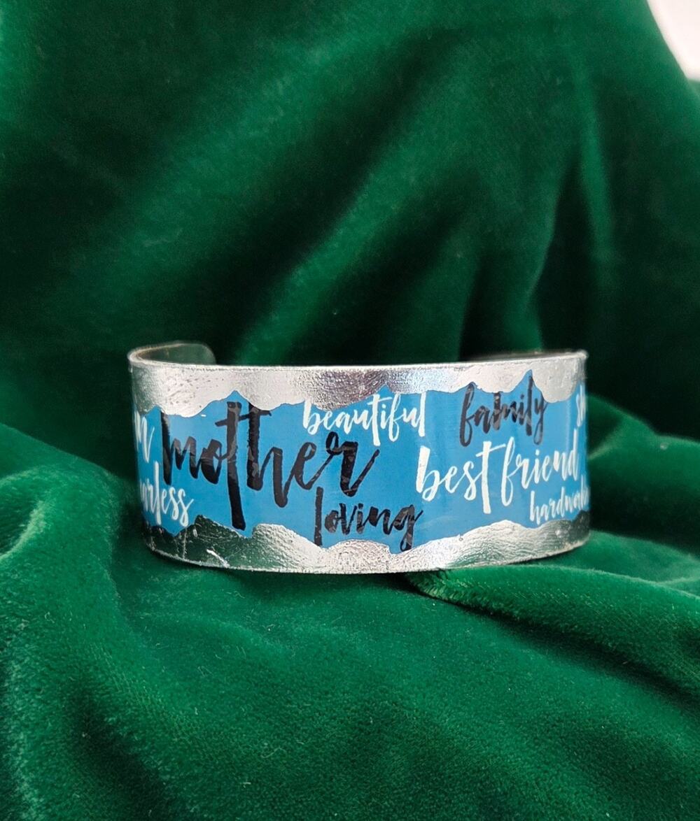 Rustic Cuff Silver "Mother" Definition Word Art Cuff Bracelet Blue Text Graphic